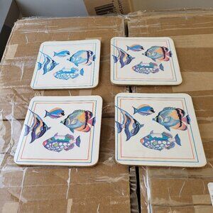4 CAPE SHORE INC TROPICAL FISH CORK BACKED COASTERS RARE FIND GUC SEE PICS BIN H